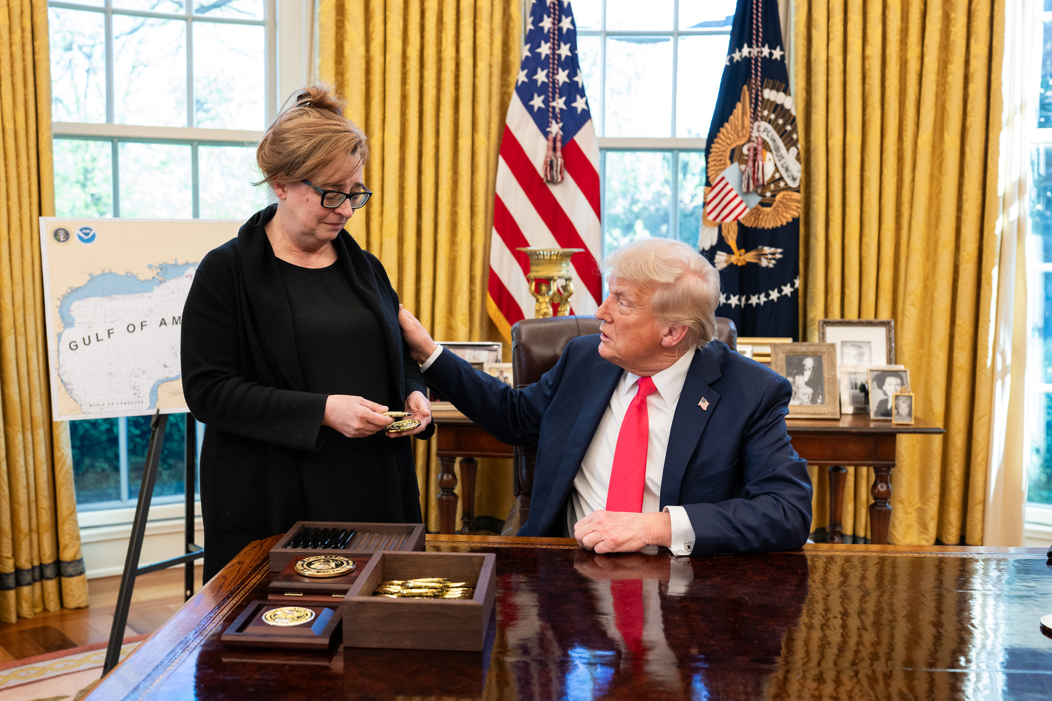 President Donald Trump meets with Patty Morin, the mother of Rachel Morin, in the Oval Office